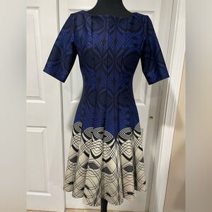 Julian Taylor Blue and Cream Geometric Midi Dress Sz 6